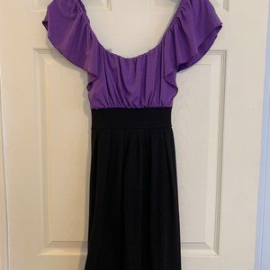 Purple and black wide neck cotton dress with tie
